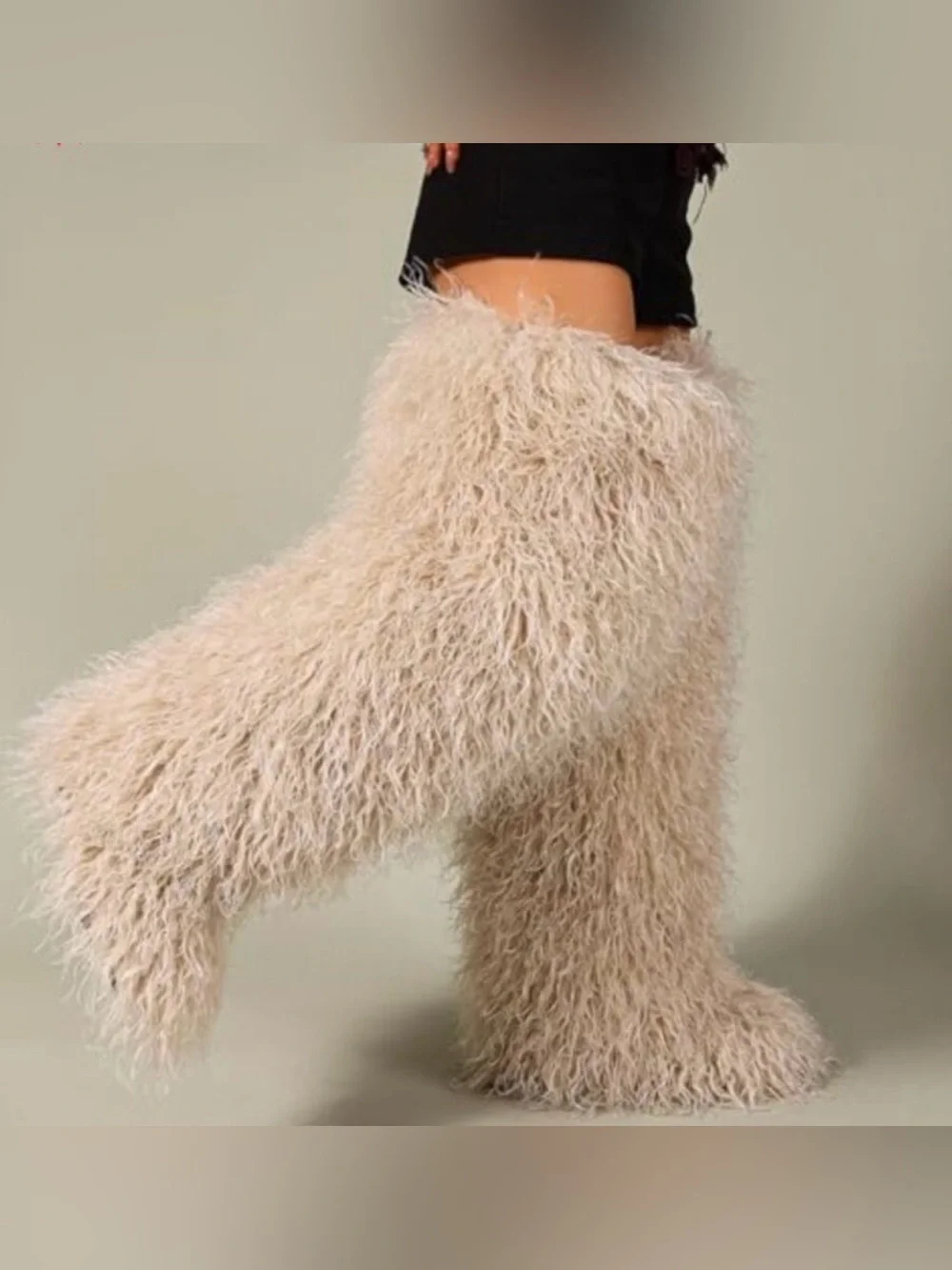 Faux Fur Fluffy over the knee Thigh-High Boots - Beige